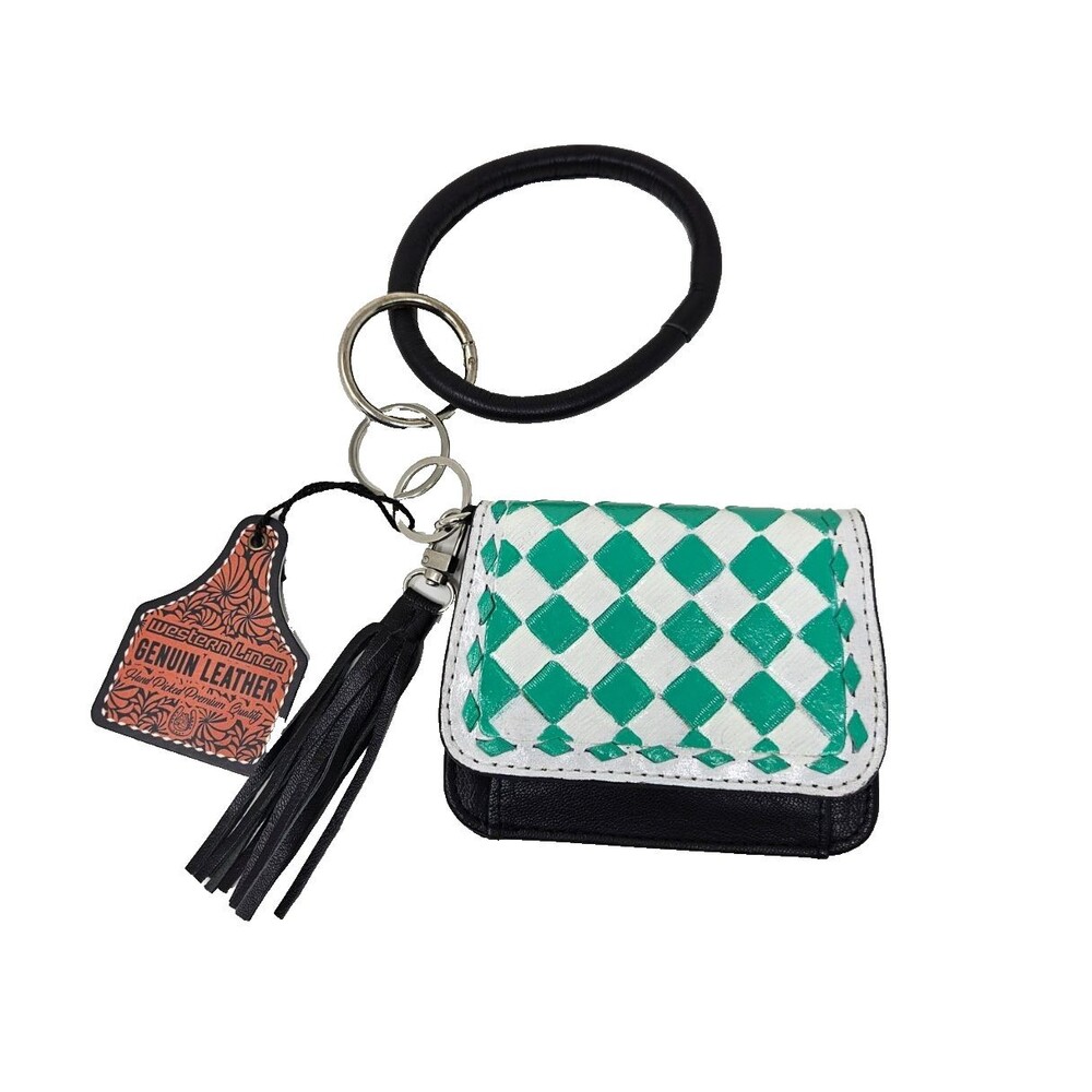 WESTERN LINENS Leather Checkered Wristlet Wallet Green White Black Tassel 5x4